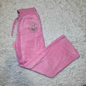 Dolls Kill Pink Velour Sweatpants with Silver Rhinestone Smiley Face